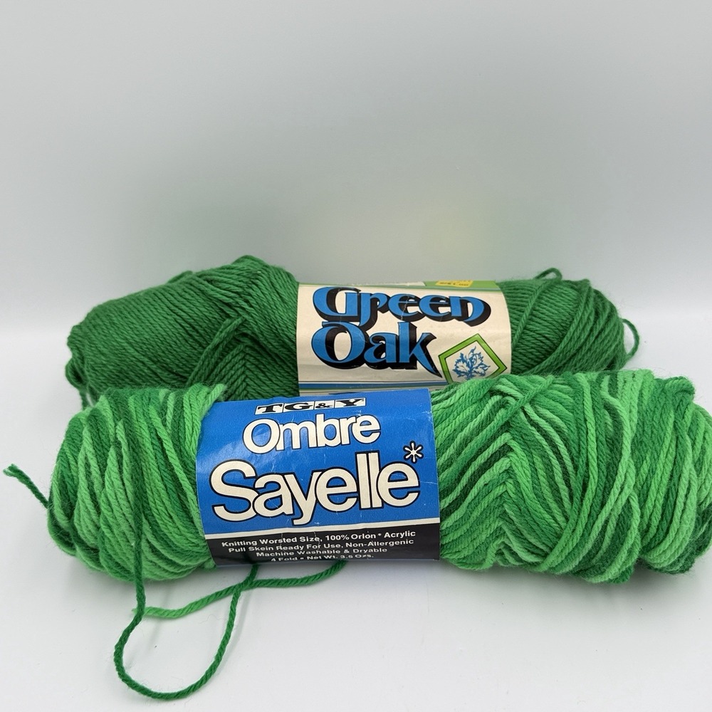 VTG Yarn Lot 2 Green Oak TG&Y Ombre Sayelle Green Acrylic Worsted 4 Ply 6.5oz